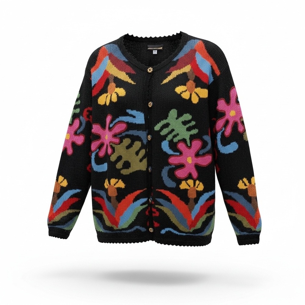 Alpacalinda Cardigan Women M Black Floral 100% Baby Alpaca Peru Boho Scalloped